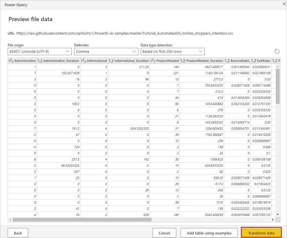 Captura de pantalla de la selección de Transformar datos en la pantalla Vista previa de los datos del archivo.
