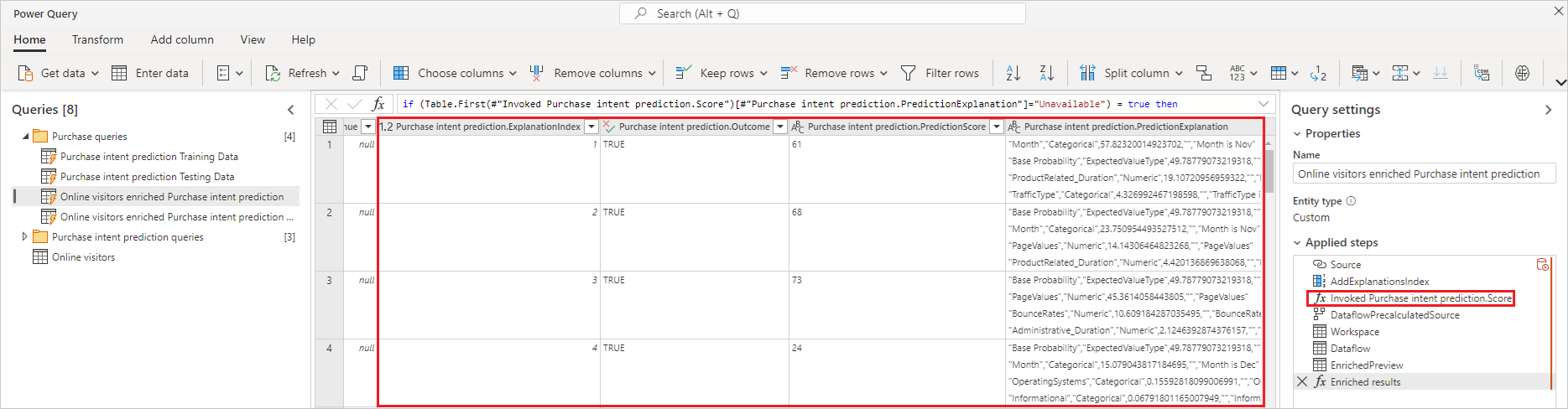 Captura de pantalla que muestra la visualización de la vista previa del resultado en Editor de Power Query.