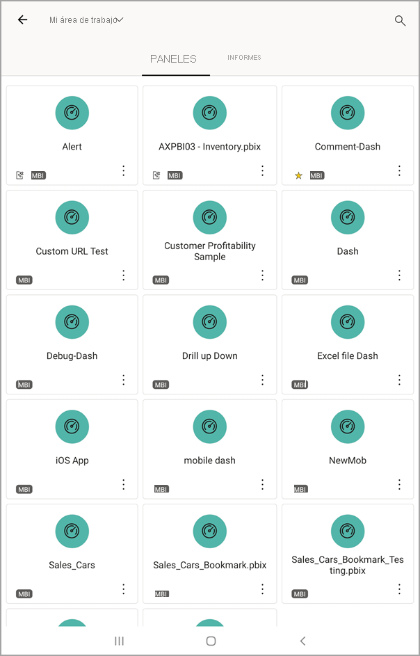 Screenshot shows an Android tablet screen with My Workspace with DASHBOARDS selected.