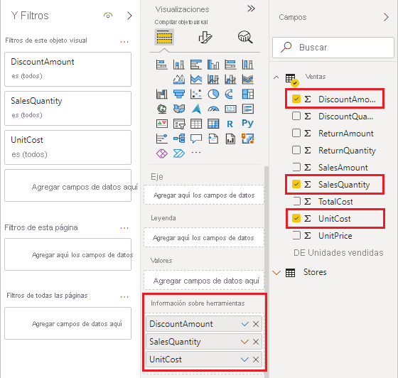 Captura de pantalla del panel de creación visual que muestra tres campos agregados al área de información sobre herramientas.