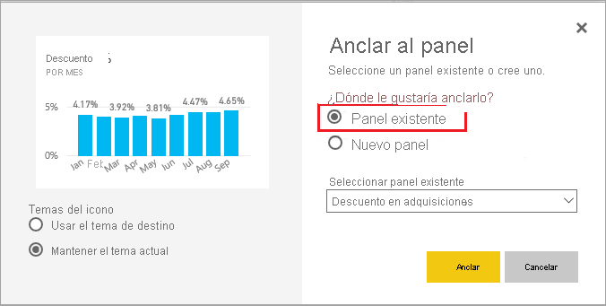 Screenshot of the Pin to dashboard window, highlighting Existing dashboard.