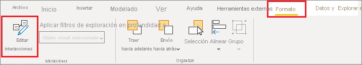 Screenshot of the Power BI Desktop Format menu, highlighting Edit interactions.