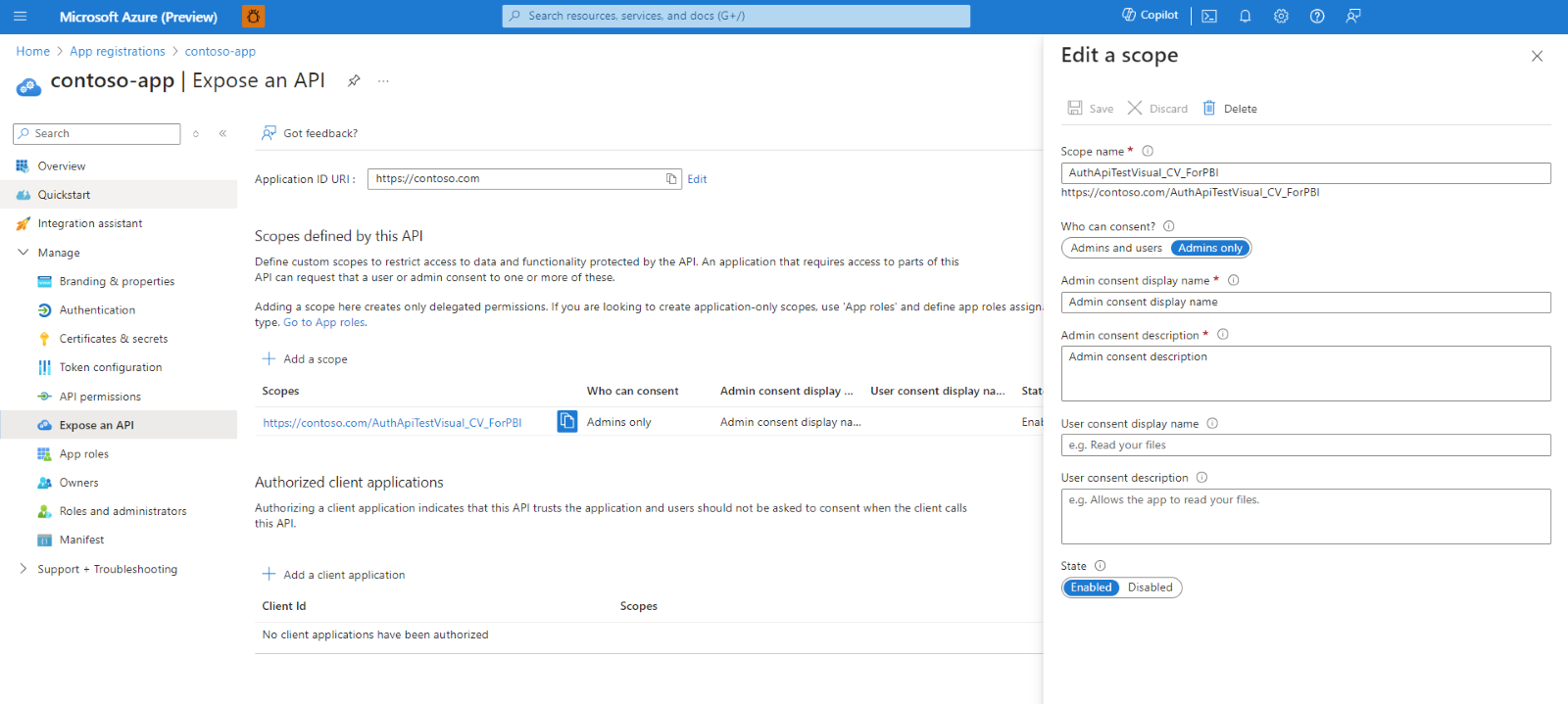 Captura de pantalla de la ventana Editar un ámbito con campos para el nombre del ámbito y otra información.