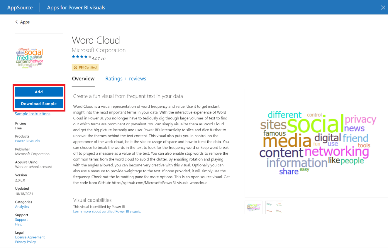 Captura de pantalla del cuadro de diálogo de descripción del objeto visual de Power&nbsp;BI, que muestra los botones Agregar y Descargar ejemplo resaltados.