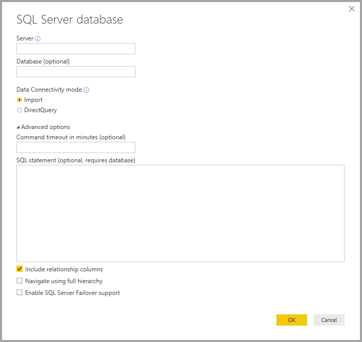 Screenshot of Power BI Desktop showing SQL Server database dialog box.