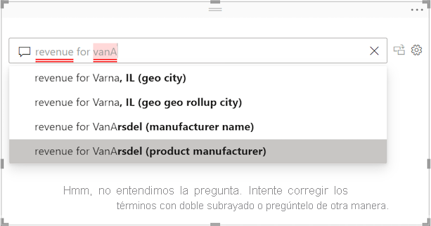 Screenshot of the Q&A question field with unrecognized words underlined in red and suggested questions from Power BI.