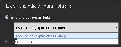 Captura de pantalla de la página Elegir una edición para instalar en el instalador del servidor de informes de Power BI. La lista de ediciones gratuitas contiene Developer and Evaluation.