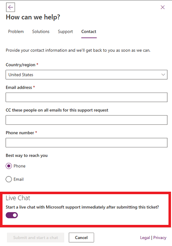 Captura de pantalla de la pestaña Contacto, en la que se muestra dónde seleccionar Live Chat.
