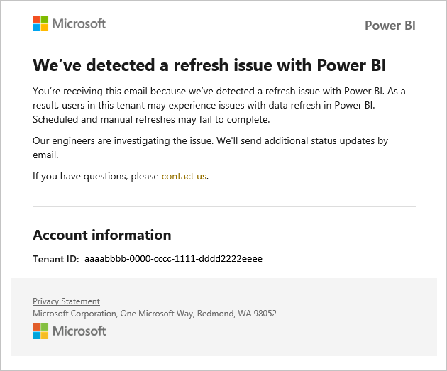 Captura de pantalla de un correo electrónico de notificación de interrupción del servicio Power BI que muestra los detalles del problema de actualización.