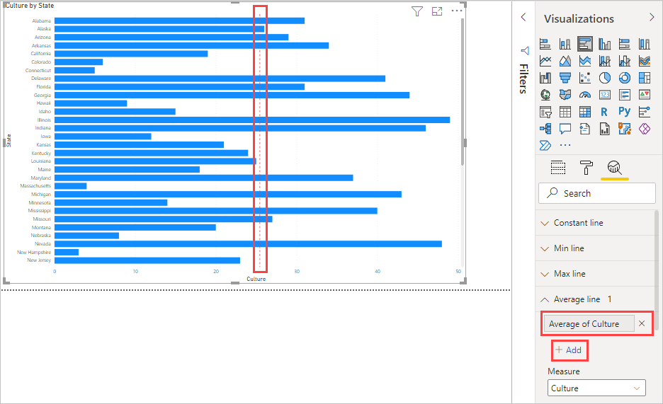 Captura de pantalla de una línea media en un objeto visual.