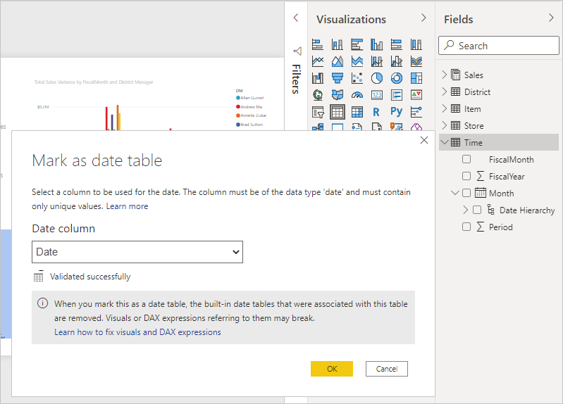 Captura de pantalla de Power&nbsp;BI Desktop que muestra el cuadro de diálogo Marcar como tabla de fechas