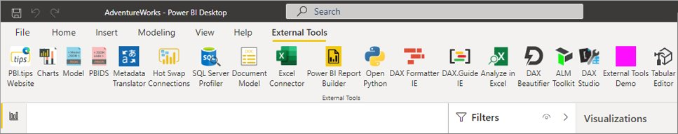 Captura de pantalla de la cinta de opciones de herramientas externas en Power&nbsp;BI Desktop.