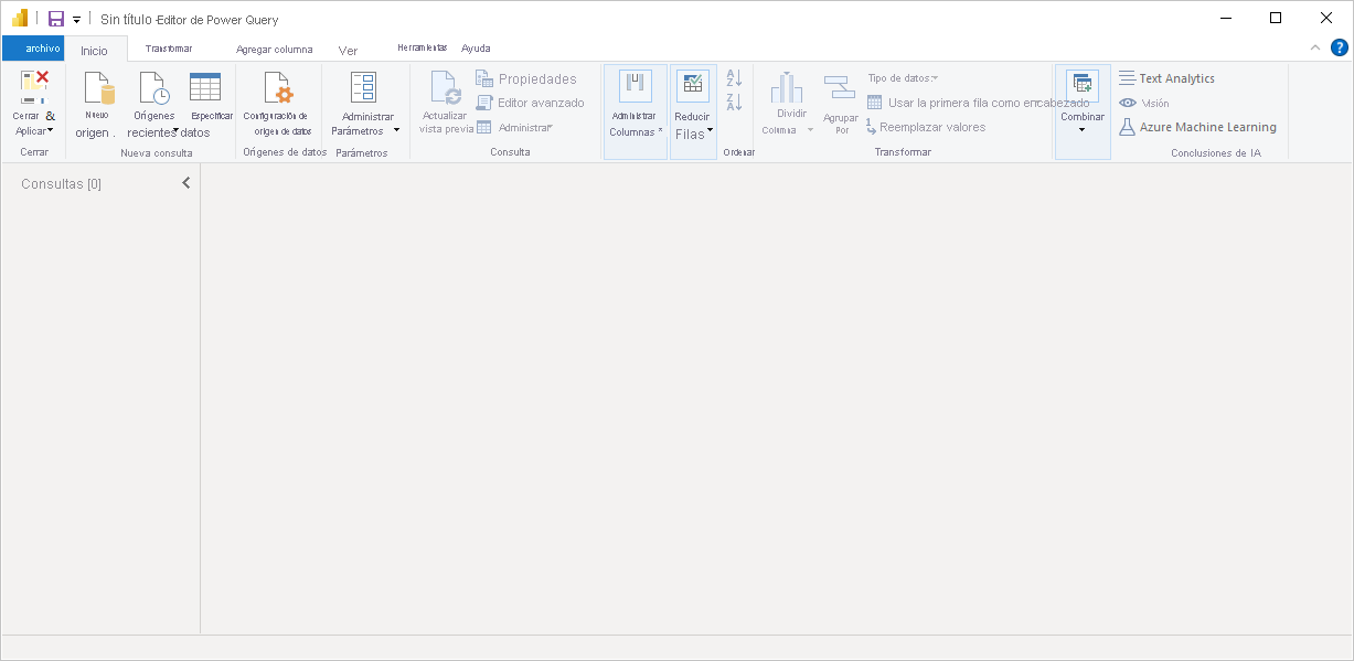 Screenshot of Power BI Desktop showing Power Query Editor with no data connections.