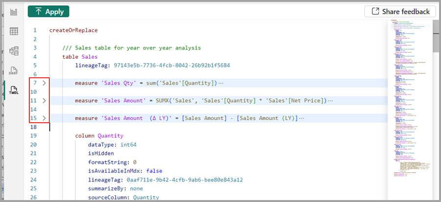 Captura de pantalla de las secciones de código plegables en el editor de código.