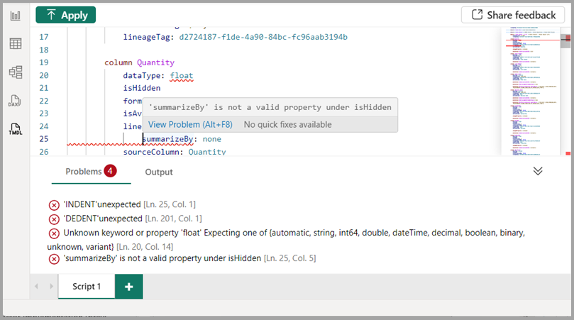 Captura de pantalla del diagnóstico de errores en el editor de código.