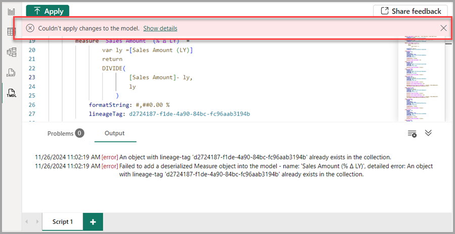 Captura de pantalla del banner de error en el editor de código que indica que los cambios no se realizaron correctamente.