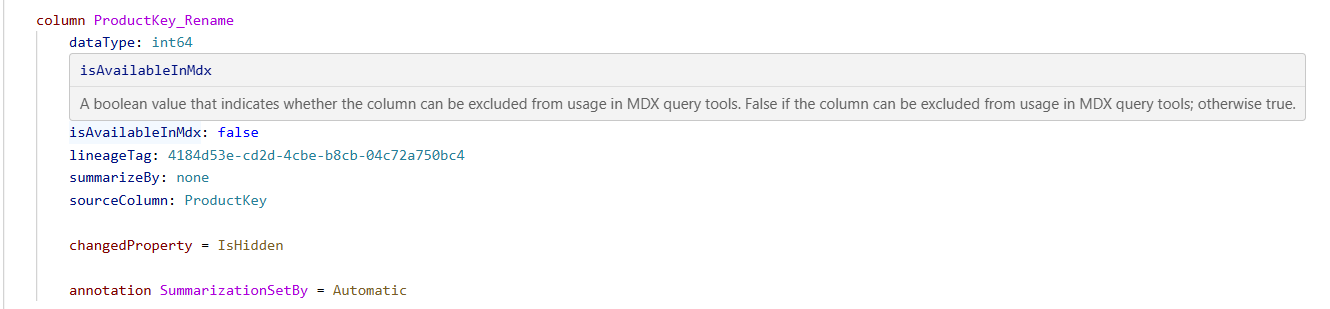 Captura de pantalla de una información sobre herramientas contextual que se muestra al pasar el ratón por encima en el editor de código, mostrando información sobre un objeto o una propiedad TMDL.