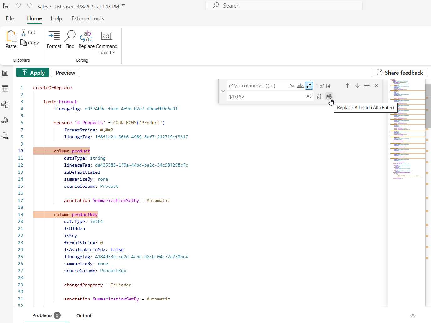 Captura de pantalla de una pantalla de configuración del modelo de datos de Power BI que muestra una definición de tabla product con dos columnas: product (string) y productkey (int64), junto con sus propiedades de metadatos.