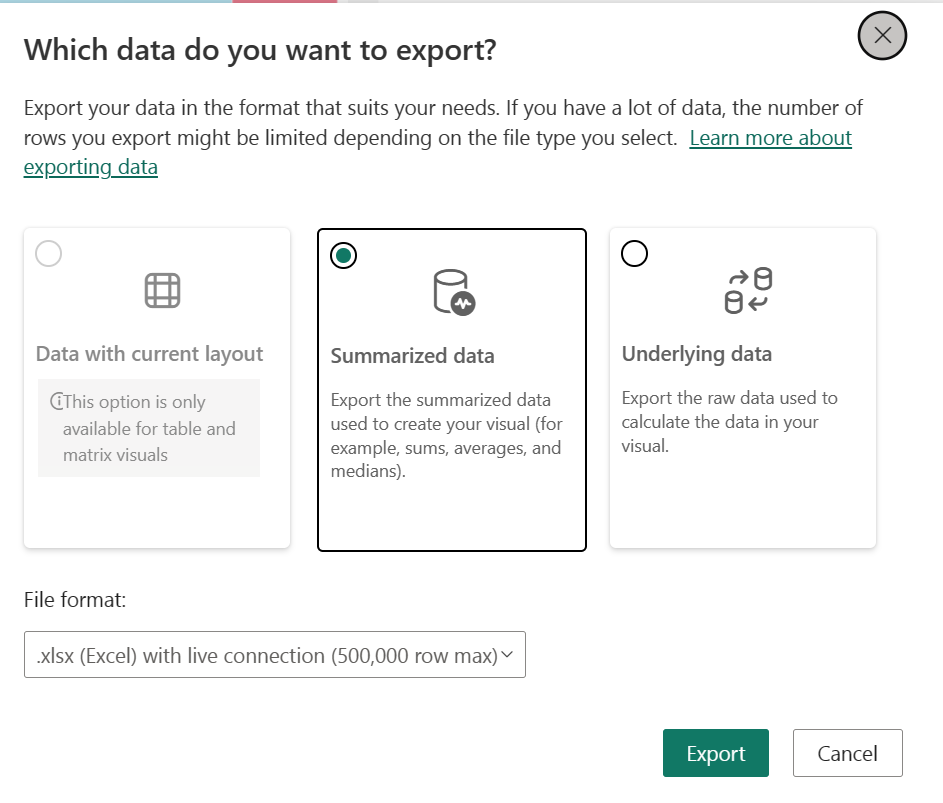 Ventana en la que se muestran las opciones de Diseño actual, Datos resumidos y Datos subyacentes.