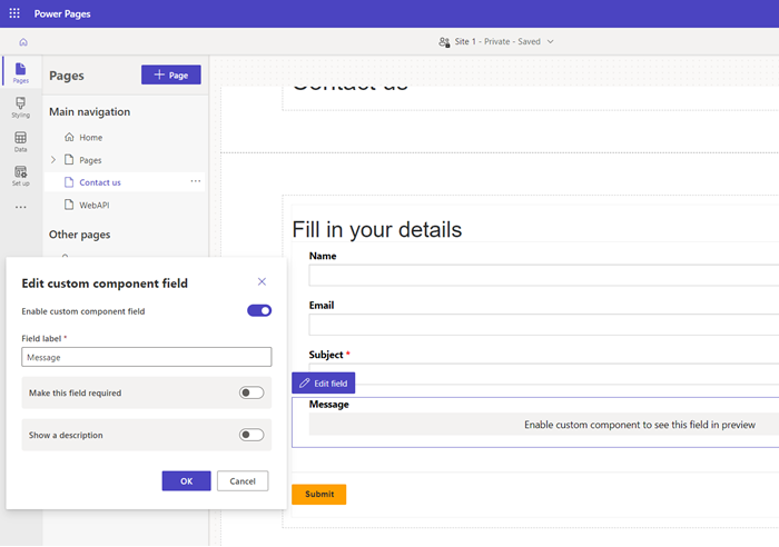 Habiliteu el component personalitzat a l'estudi de disseny.