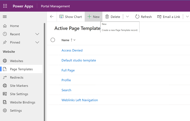 Opció del menú + Nou de la pàgina Plantilles de pàgina actives de l'aplicació Administració del portal.