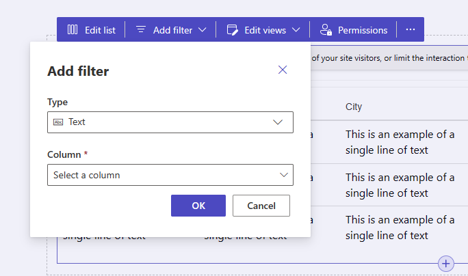 La finestra emergent Afegeix un filtre a l'interior de l'àrea de treball Pàgines.