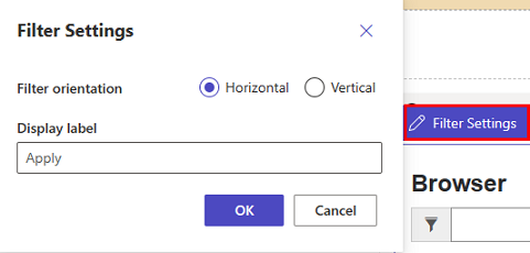 Les opcions del menú de configuració de filtre de l'estudi de disseny amb el botó d'orientació vertical de filtre seleccionat.