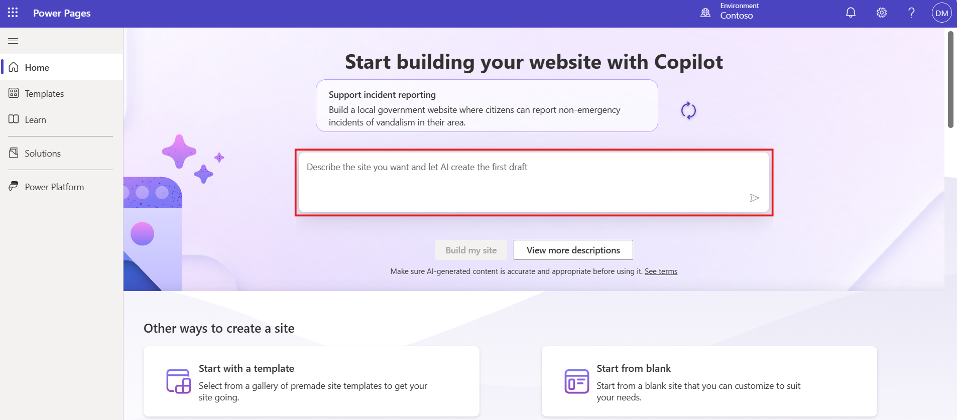 El Copilot a Power Pages casa amb un camp d'entrada perquè els usuaris introdueixin una descripció del lloc emfatitzat.