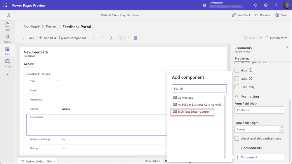 Opció de control Editor de text enriquit a Afegeix component.