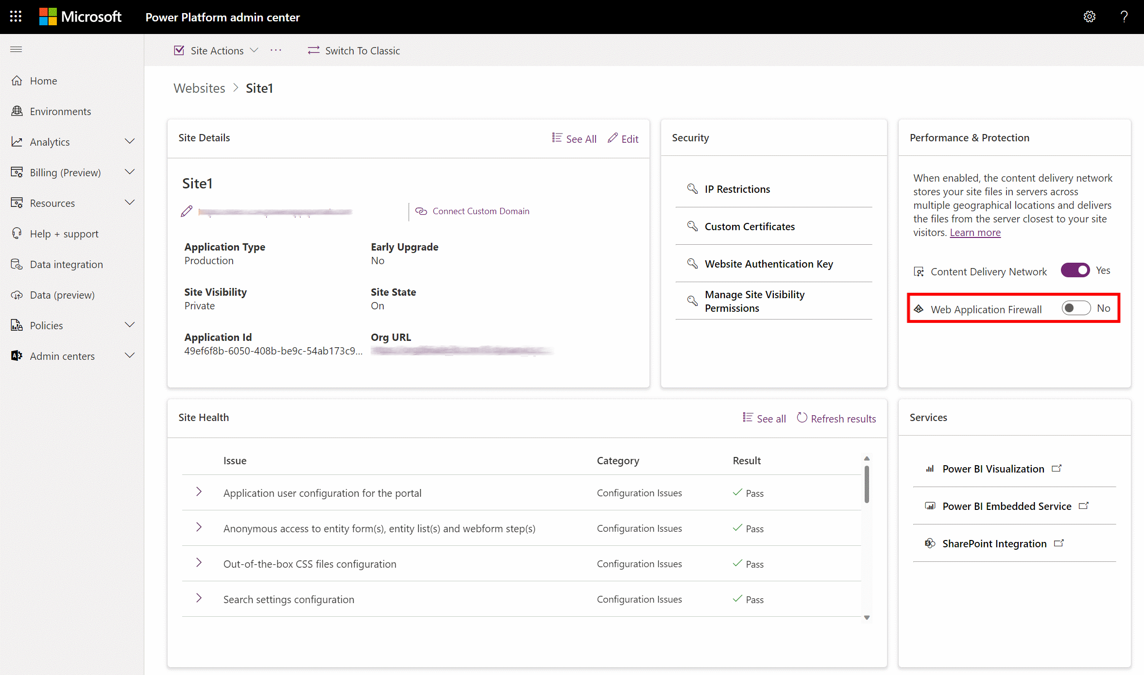 Commutador Habilitar el tallafoc d'aplicació web inhabilitat dins de l'estudi de disseny.