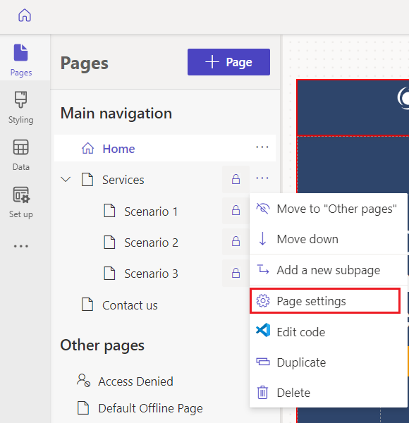 Captura de pantalla de l'espai de treball Pàgines del estudi de disseny Power Pages, amb la configuració de la pàgina ressaltada.