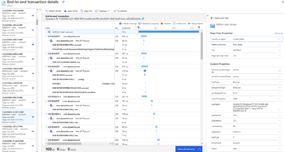 Application Insights Detalls de la transacció d'extrem a extrem del rendiment.