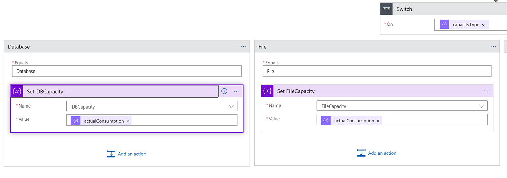 Utilitzeu el control Switch a la propietat CapacityType de la sortida Parse-Capacity.