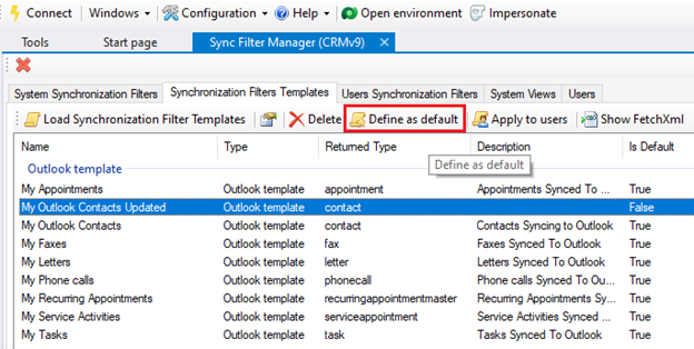 Captura de pantalla que mostra els meus contactes d'Outlook actualitzats seleccionats i l'ordre Defineix com a predeterminada ressaltada a la barra d'ordres.