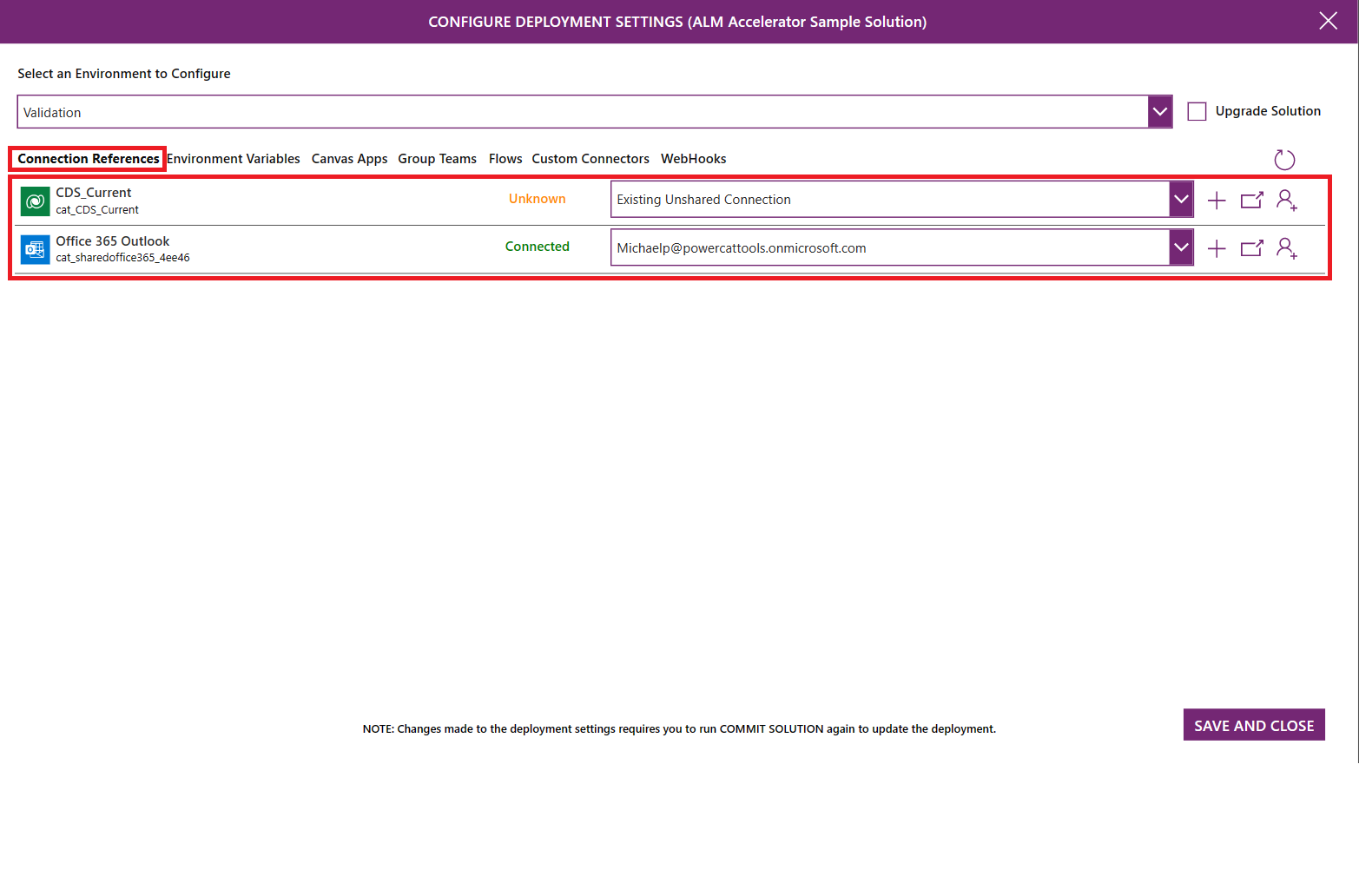 Captura de pantalla de la configuració de referència de connexió a l'accelerador ALM.