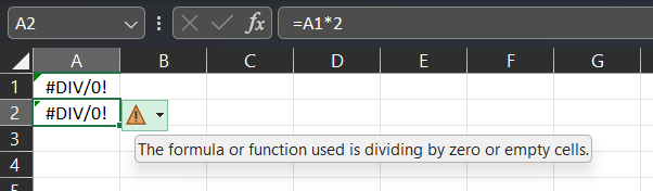 Full de càlcul Excel amb A2=A1*2 i #DIV/0! mostrat a la cel·la