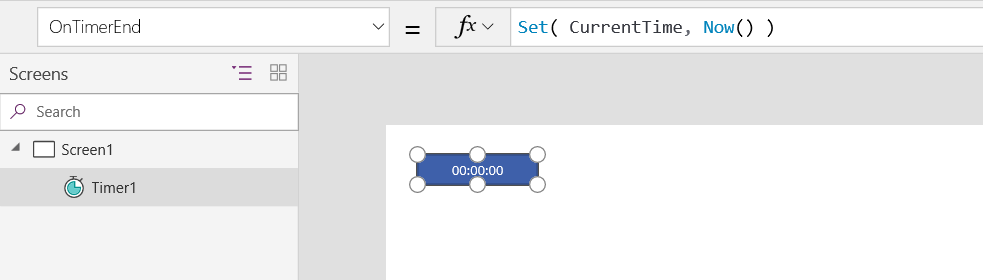 Pantalla que conté un control de temporitzador amb la fórmula OnTimerEnd = Set(CurrentTime, Now())