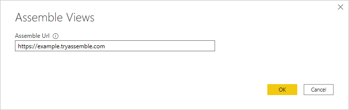 Captura de pantalla del cuadro de diálogo Assemble Views donde se escribe la Assemble URL.