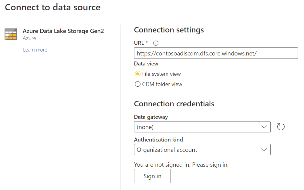 Captura de pantalla de la página Conectarse al origen de datos de Azure Data Lake Storage Gen2, con la dirección URL especificada.
