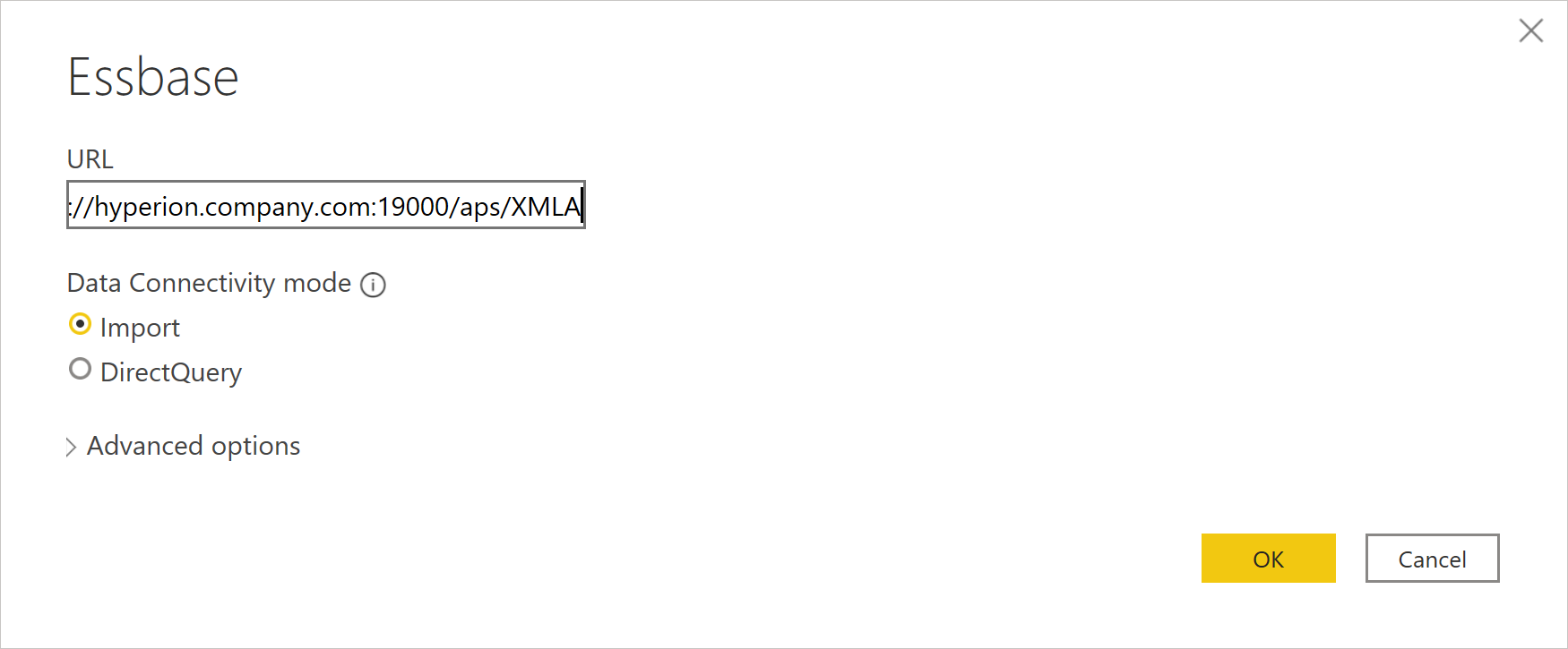 Captura de pantalla del generador de conexiones de Essbase con una dirección URL especificada.