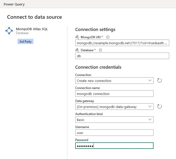 Captura de pantalla del cuadro de diálogo Conectar al origen de datos en línea donde se especifica la configuración de conexión.