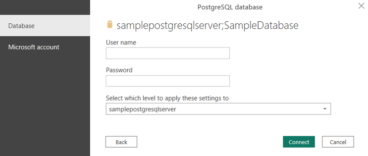 Captura de pantalla del cuadro de diálogo de autenticación donde se escribe el nombre de usuario y la contraseña de PostgreSQL.