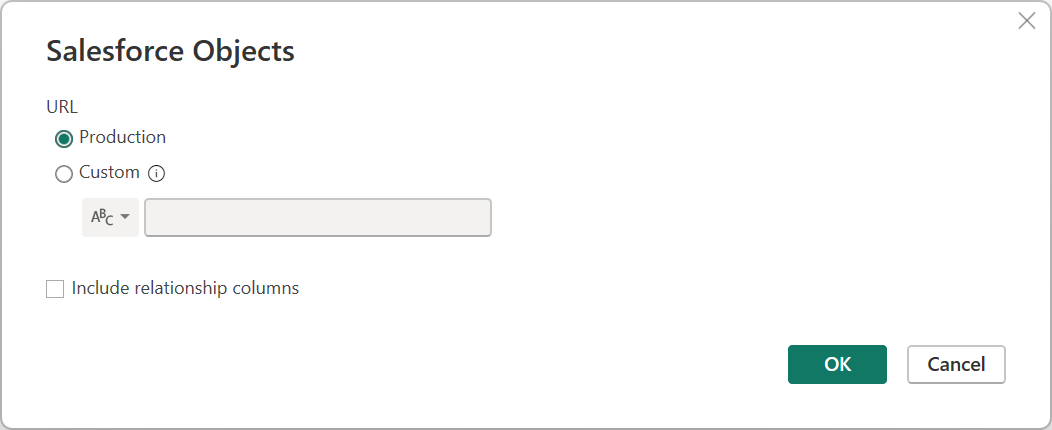 Captura de pantalla del cuadro de diálogo Obtener datos con la dirección URL de producción seleccionada.