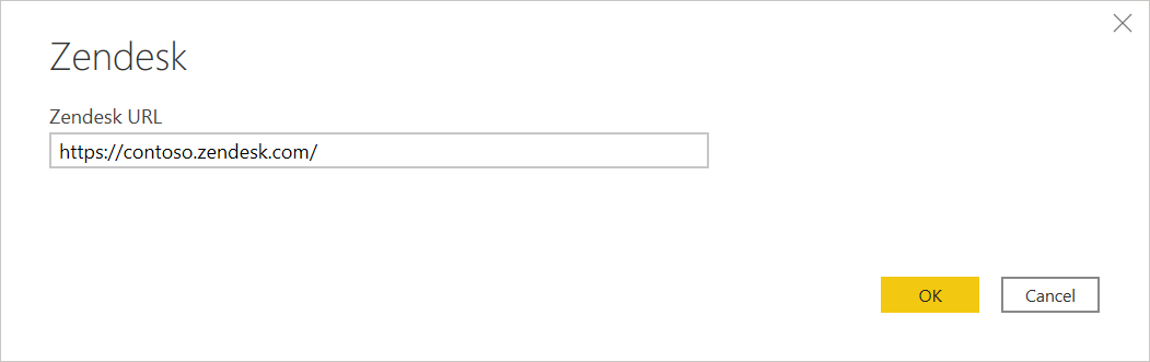 Captura de pantalla del cuadro de diálogo de conexión de Zendesk con la ubicación de la dirección URL de Zendesk rellenada y lista para seleccionar Aceptar.