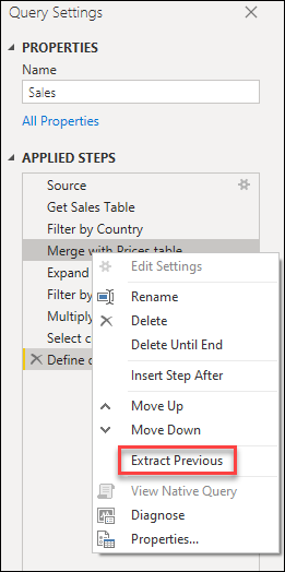 Captura de pantalla del menú contextual de pasos aplicados con el paso Extraer paso anterior resaltado.