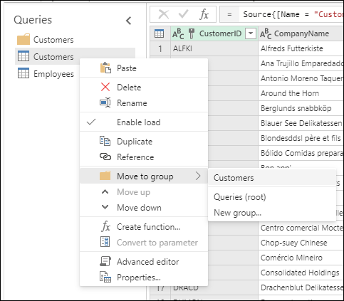 Captura de pantalla del menú contextual del panel Consultas que muestra cómo trabajar con grupos en Power Query.