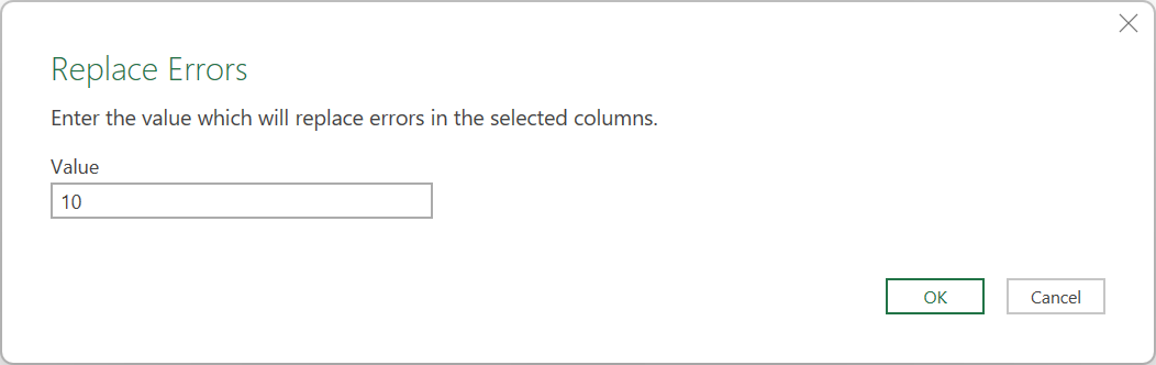 Captura de pantalla del cuadro de diálogo de reemplazo de errores con el valor establecido en 10.