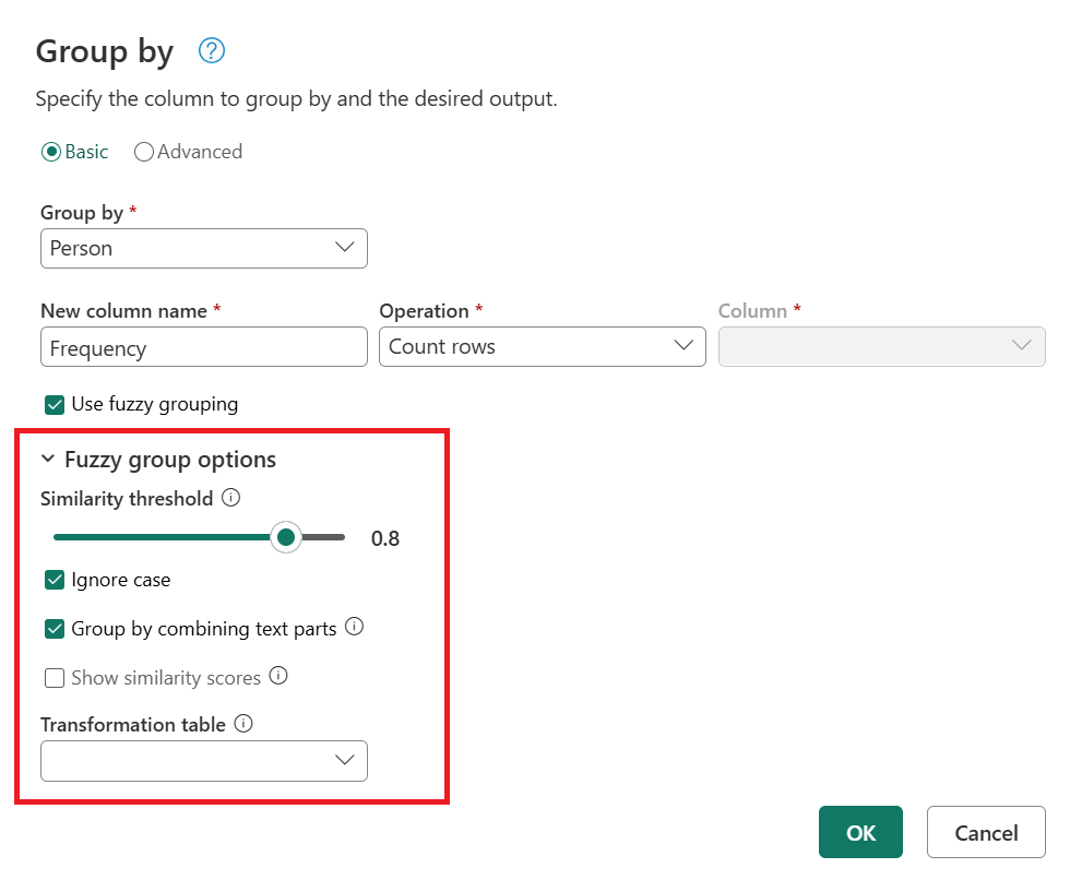 Captura de pantalla del cuadro de diálogo Agrupar por con las opciones de grupo aproximadas resaltadas.