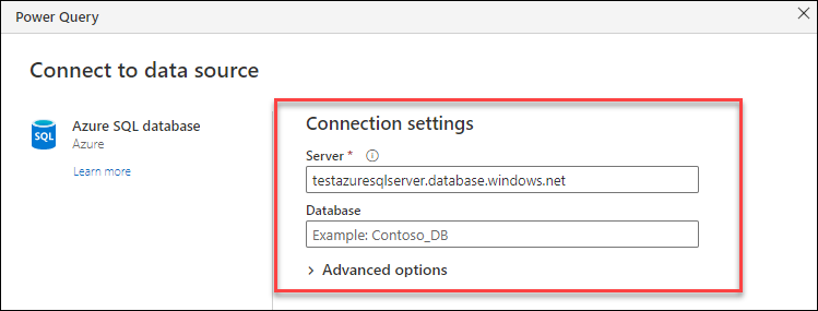 Configuración de conexión del conector de Azure SQL Server Database donde el único valor necesario es el nombre del servidor.