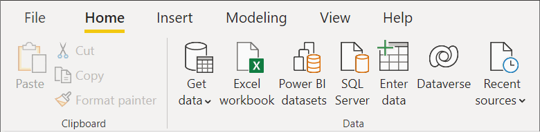 Captura de pantalla del campo Datos de la cinta Inicio de Power BI Desktop.